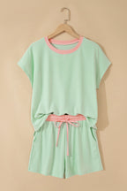 Yellow Cream Soft Ribbed Color Block Trim Casual Short Set