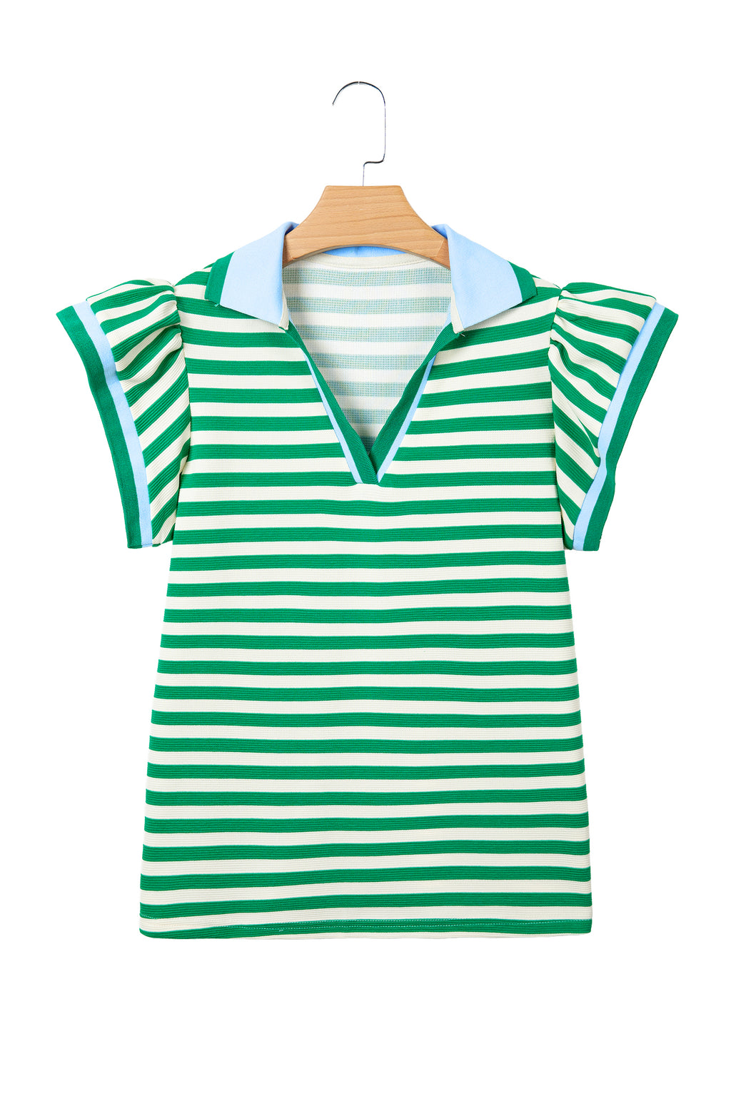 Blue Stripe Contrast Trim Polo Collar Ruffled Short Sleeve Blouse
