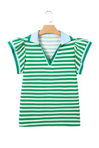Blue Stripe Contrast Trim Polo Collar Ruffled Short Sleeve Blouse
