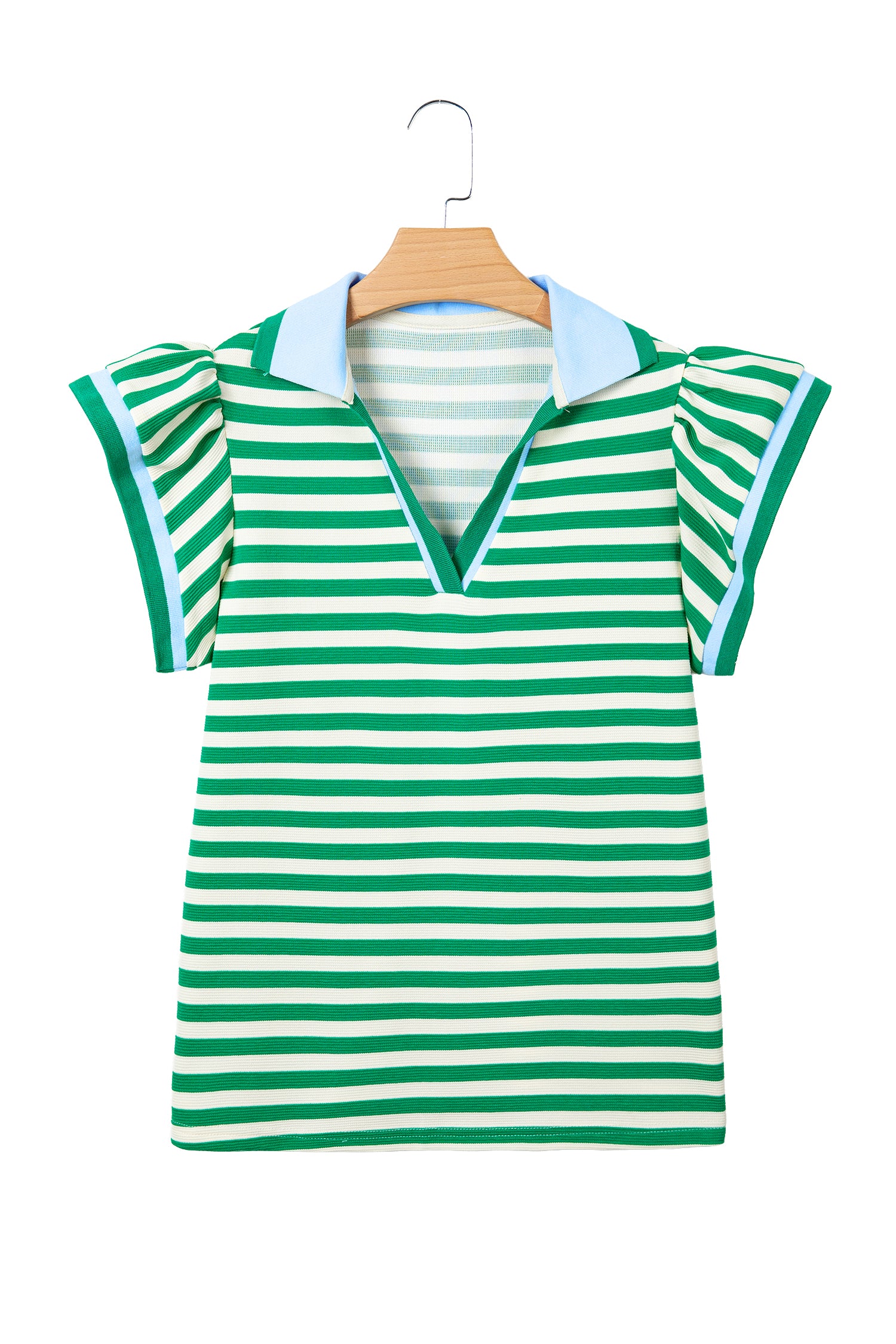 Blue Stripe Contrast Trim Polo Collar Ruffled Short Sleeve Blouse