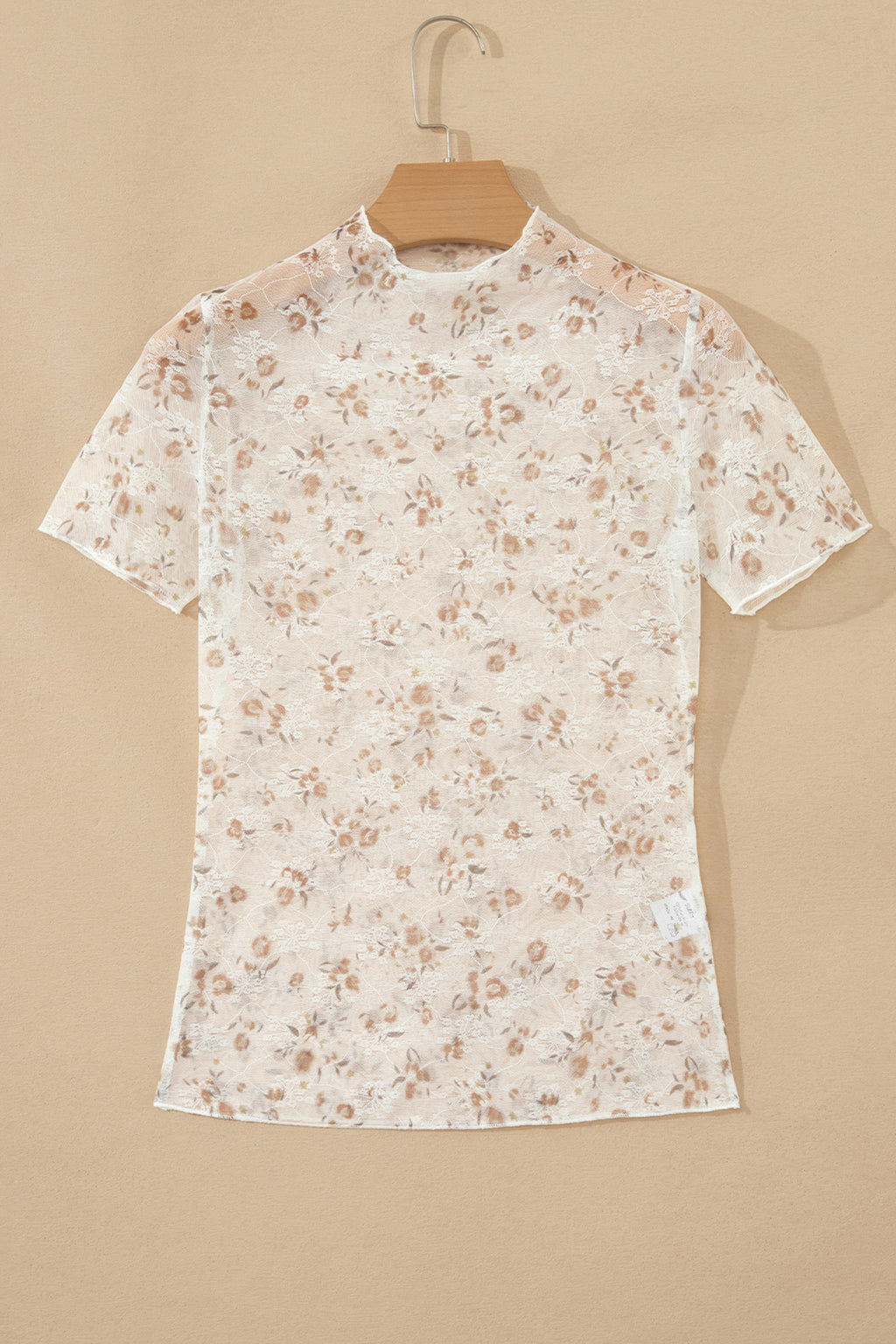 White Mock Neck Short Sleeve Floral Mesh Top