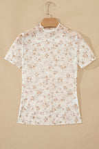 White Mock Neck Short Sleeve Floral Mesh Top