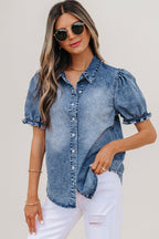Beau Blue Frilled Short Sleeve Snap Button Denim Shirt