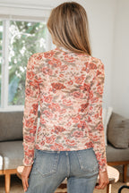 Black Retro Floral Print Mock Neck Mesh Long Sleeve Top