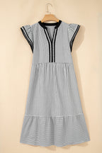 Black Stripe Contrast Trim V Neck Flutter Sleeve Casual Long Dress