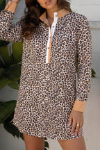 Multicolour Button Striped Collar Leopard Print Long Sleeve Flared Dress