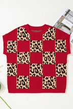 Black Leopard Checkerboard Short Sleeve Knit Sweater