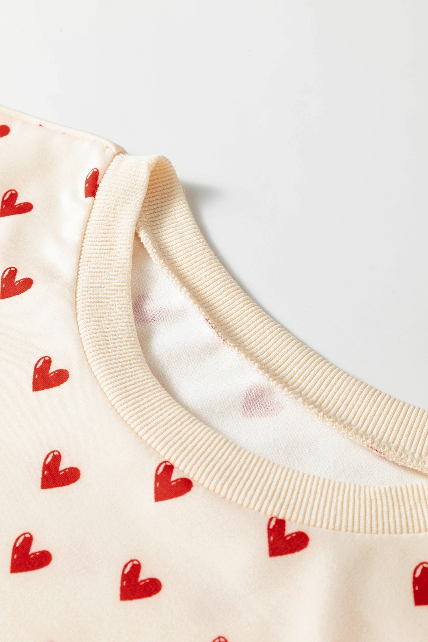 Beige Heart Print Round Neck Long Sleeve Regular Fit Sweatshirt
