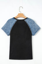 Carbon Grey Waffle Knit Seam Detail Color Block Patchwork Short Sleeve Top