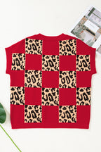 Black Leopard Checkerboard Short Sleeve Knit Sweater