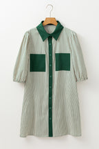 Green Patch Pockets Button Down Short Puff Sleeve Dress