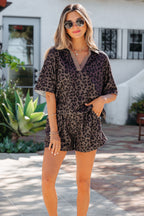 Rose V Neck Collar Leopard Printed 2pcs Short Set