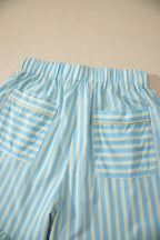 Sky Blue Stripe Elastic Waist Ruffle Trim Casual Shorts