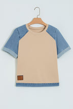 Beige Denim Color Block Patchwork Round Neck Tee