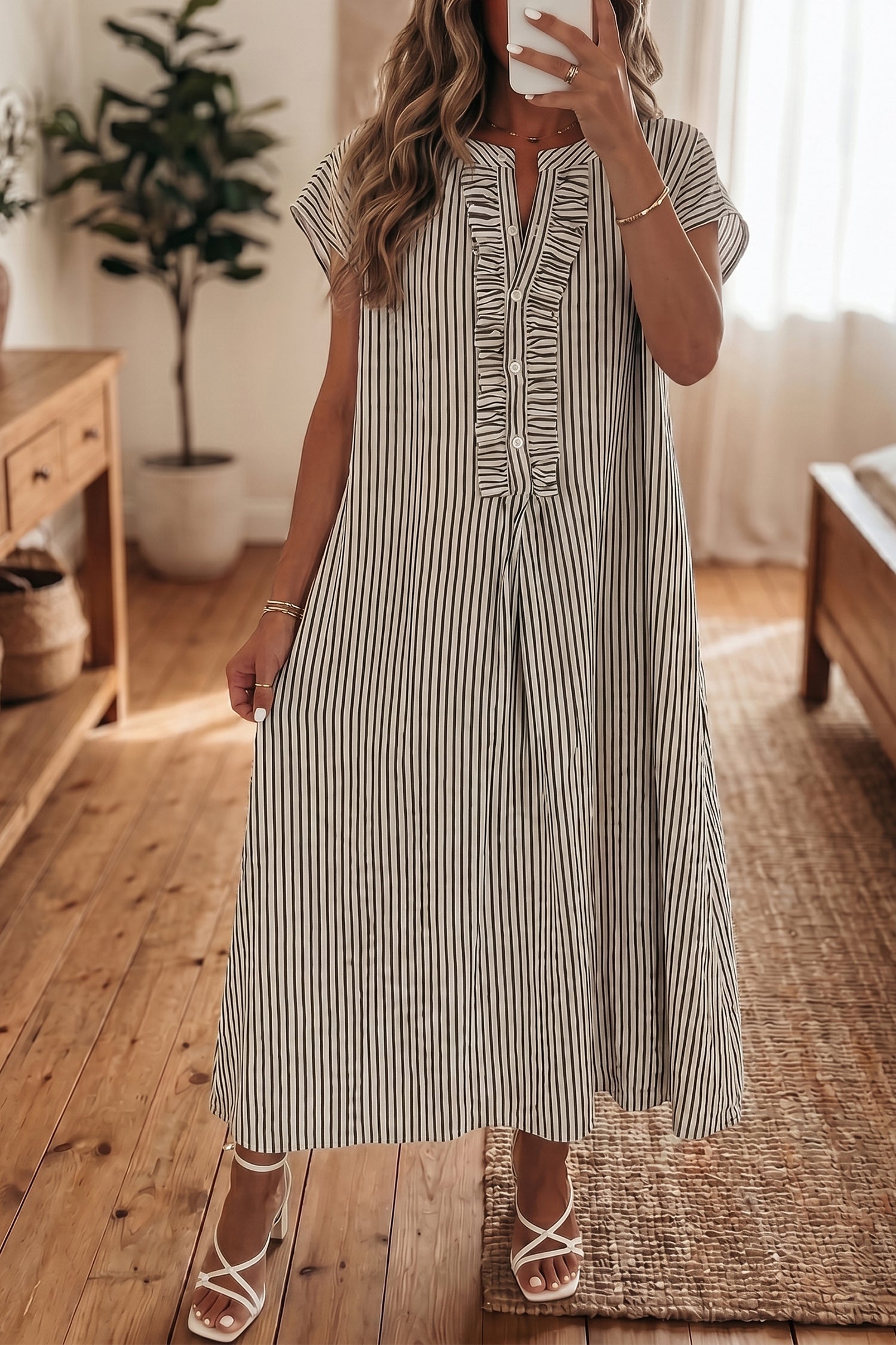 Black Stripe Frilled Detail Half Buttons Short Sleeve Long Dress
