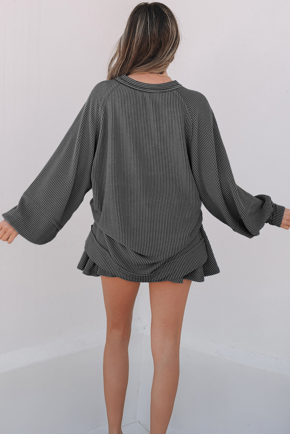 Mist Green Corded Lantern Sleeve Top High Waist Ruffled Mini Skort Set