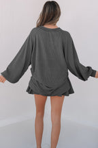 Mist Green Corded Lantern Sleeve Top High Waist Ruffled Mini Skort Set