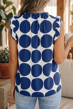 Blue Polka Dot Print Frilled Round Neck Shift Tank Top
