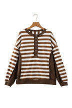 Brown Stripe Exposed Seam Color Block Patchwork Button Placket Sweatshirt