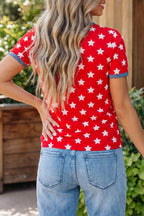 Red Stars Print Colorblock Binding Tape Collar Cuff Viscose Tunic Top