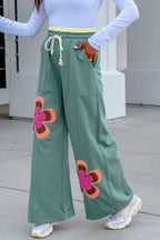 Grapefruit Orange Color Block Flower Patchwork Drawstring Contrasted Elastic Waist Wide Leg Pants