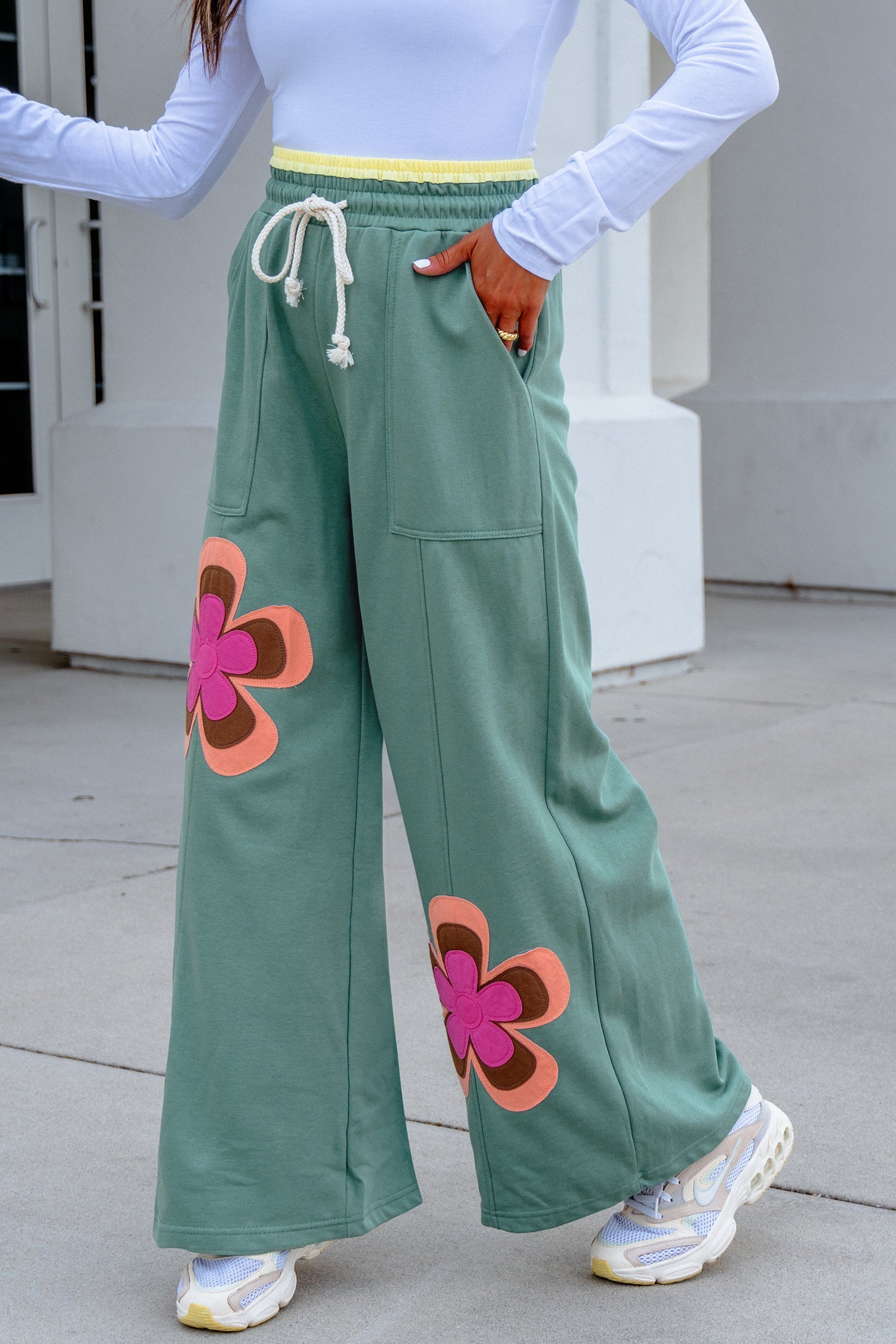 Grapefruit Orange Color Block Flower Patchwork Drawstring Contrasted Elastic Waist Wide Leg Pants