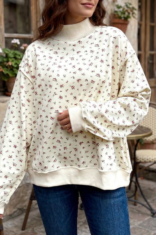 Beige Ribbed High Neck Patchwork Floral Print Baggy Pullover Sweatshirt