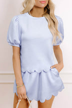 Beau Blue Puff Sleeve Pearl Embellished Scallop Trim Top 2 Piece Skort Set
