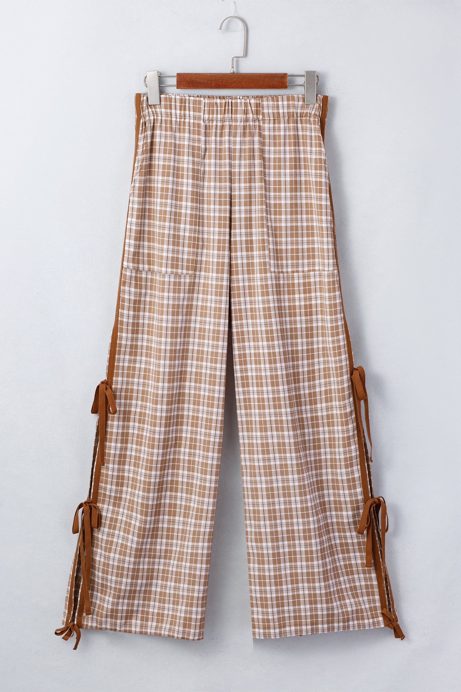 Chestnut Plaid Print Elastic Waist Bow Tie Contrast Detail Jogger Pants
