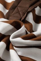 Brown Stripe Exposed Seam Color Block Patchwork Button Placket Sweatshirt