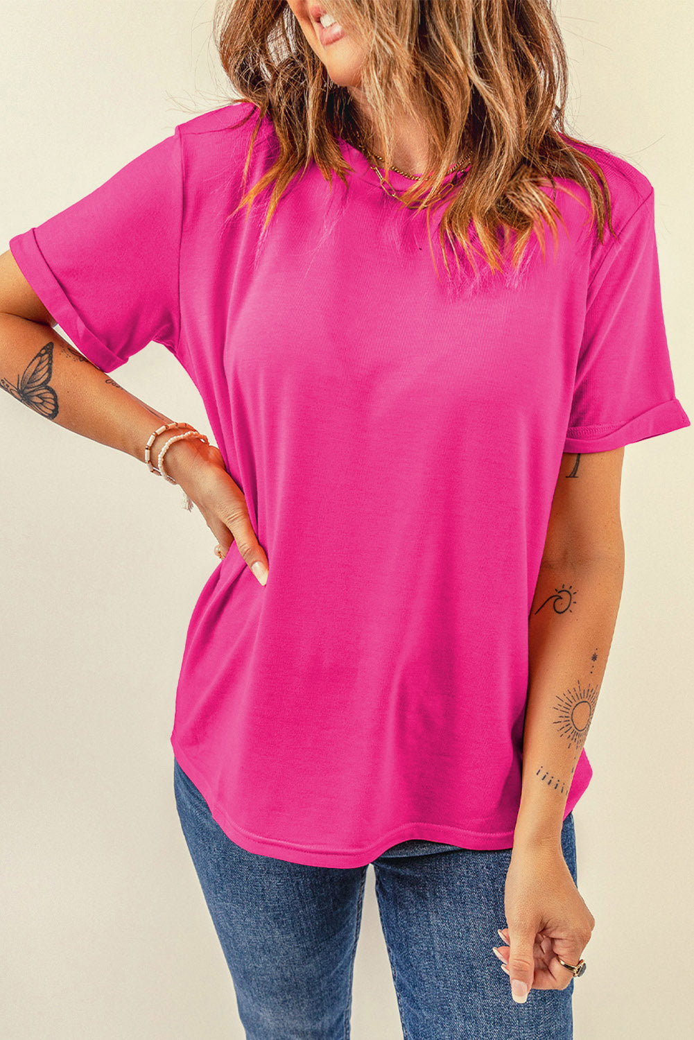 Orange Casual Plain Crew Neck Tee