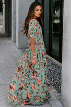 Sky Blue Fiery Floral Print Frilled V Neck Short Sleeve Maxi Dress