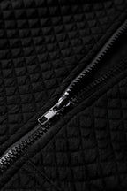 Black Quilted Side Pockets Zipper Hooded Jacket