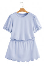Beau Blue Puff Sleeve Pearl Embellished Scallop Trim Top 2 Piece Skort Set