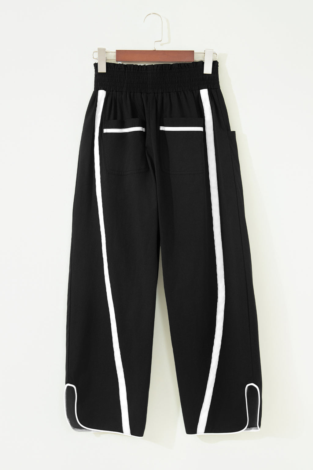 Black Contrast Striped Smocked Waist Drawstring Cropped Casual Pants