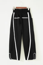 Black Contrast Striped Smocked Waist Drawstring Cropped Casual Pants