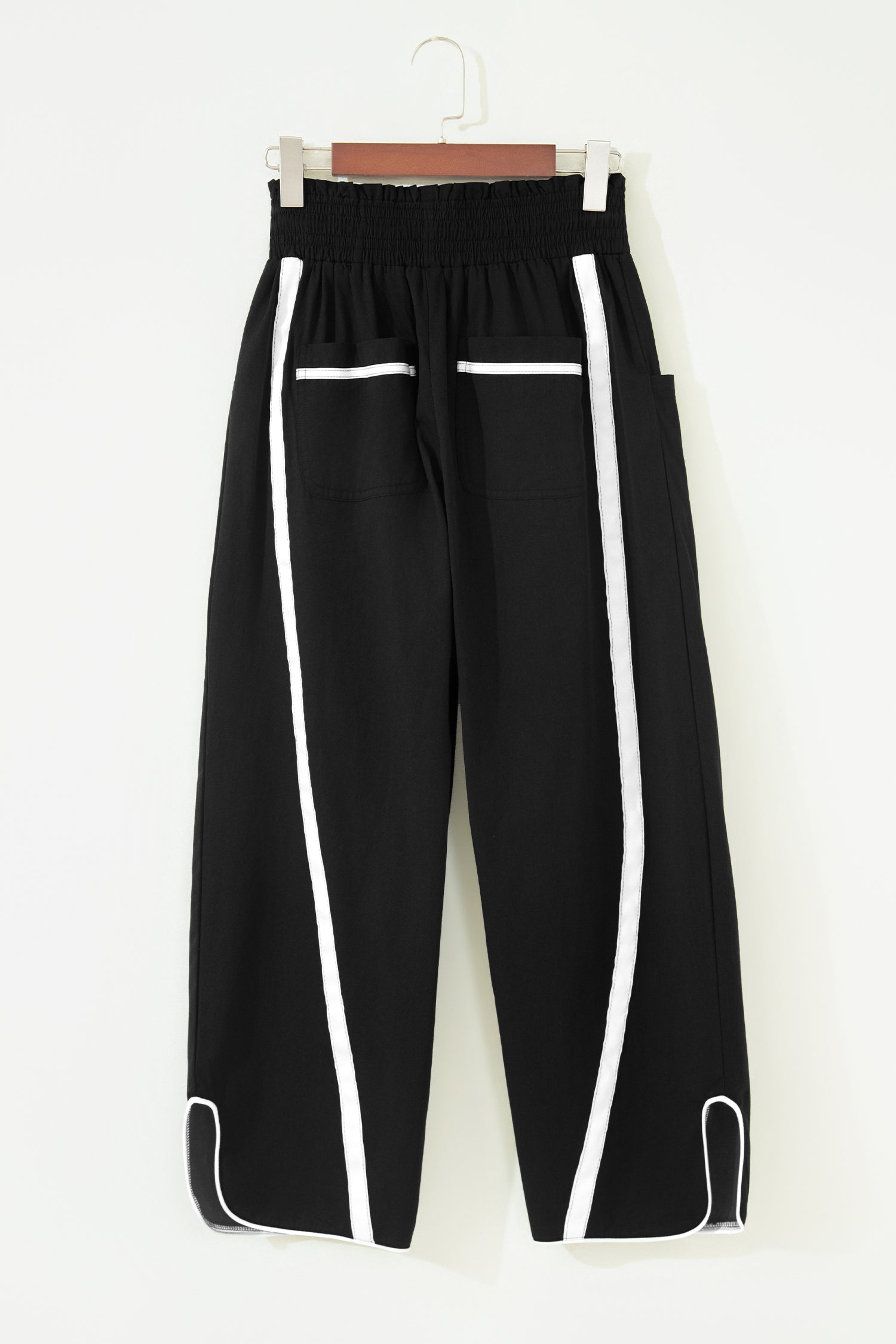 Black Contrast Striped Smocked Waist Drawstring Cropped Casual Pants