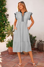 Black Stripe Contrast Trim V Neck Flutter Sleeve Casual Long Dress