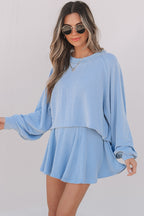 Mist Green Corded Lantern Sleeve Top High Waist Ruffled Mini Skort Set