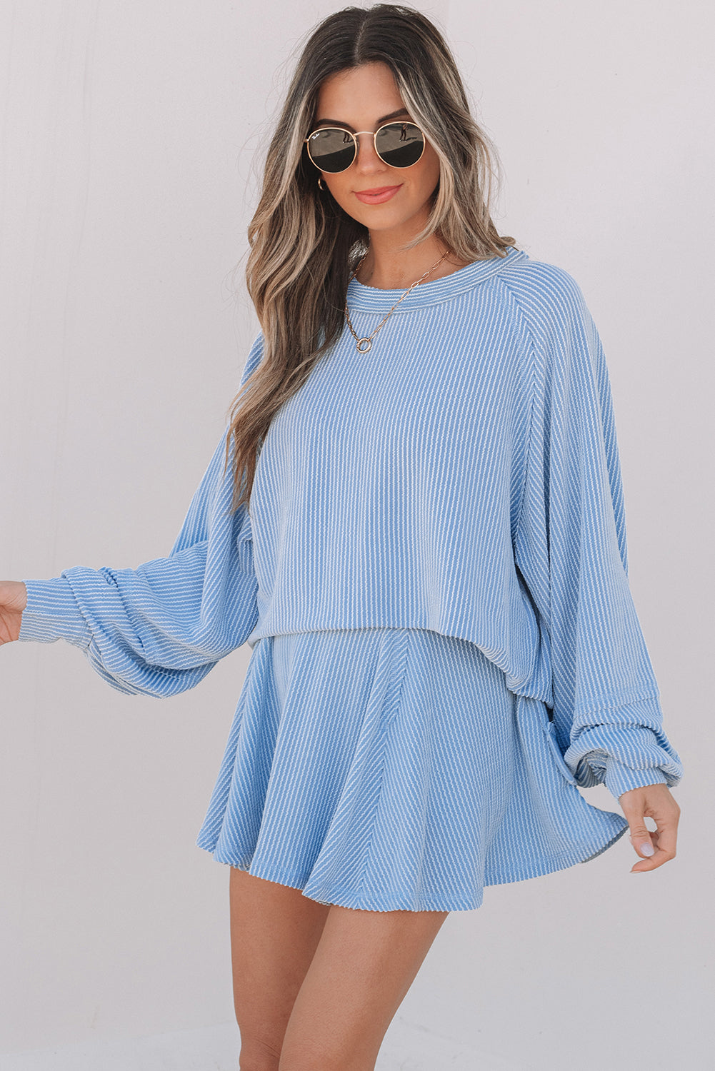 Mist Green Corded Lantern Sleeve Top High Waist Ruffled Mini Skort Set