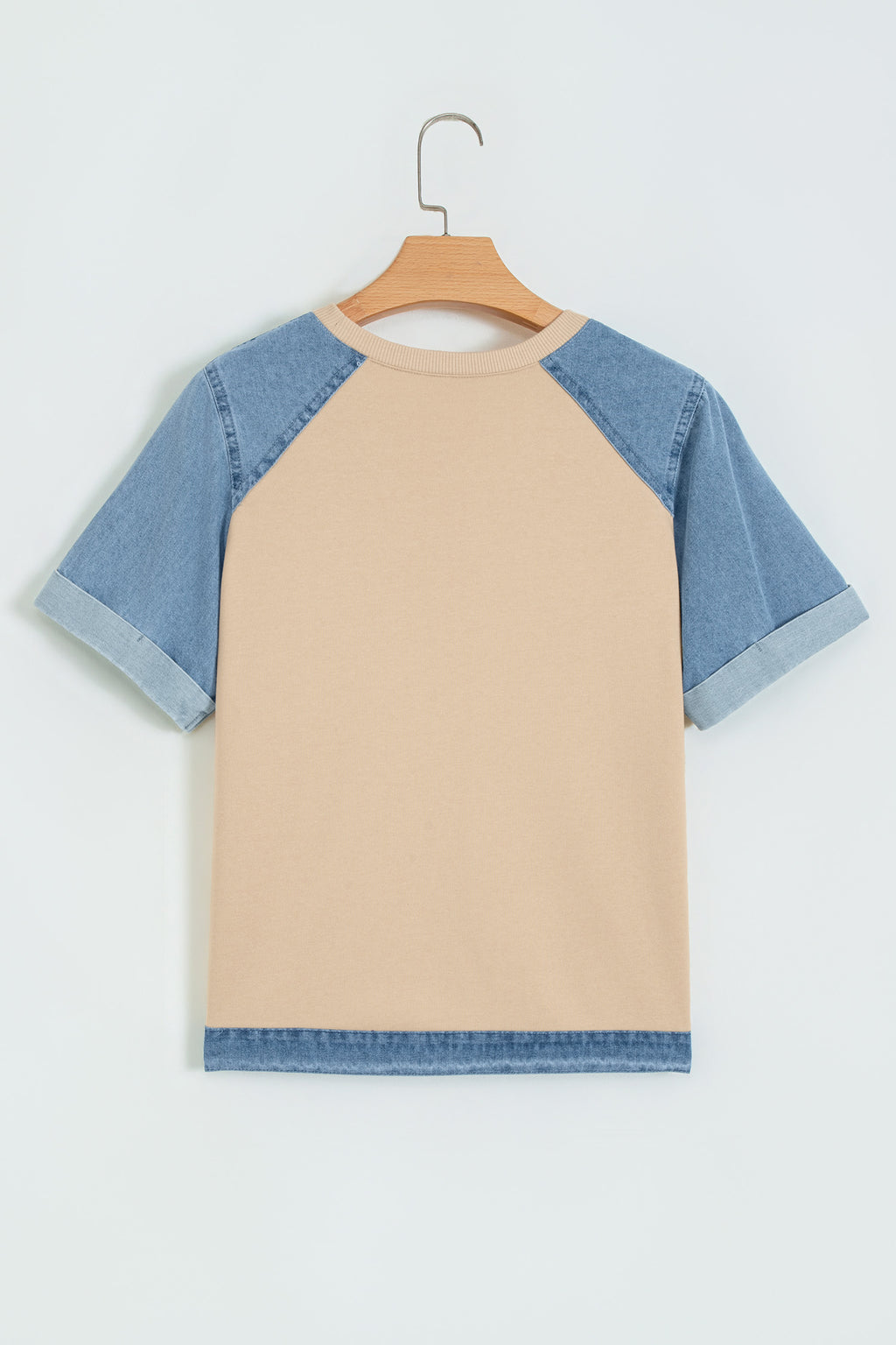Beige Denim Color Block Patchwork Round Neck Tee