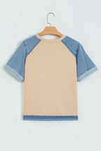 Beige Denim Color Block Patchwork Round Neck Tee