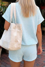 Sky Blue Stripe Patriotic Sequin Popsicle Mock Neck Top Short Set