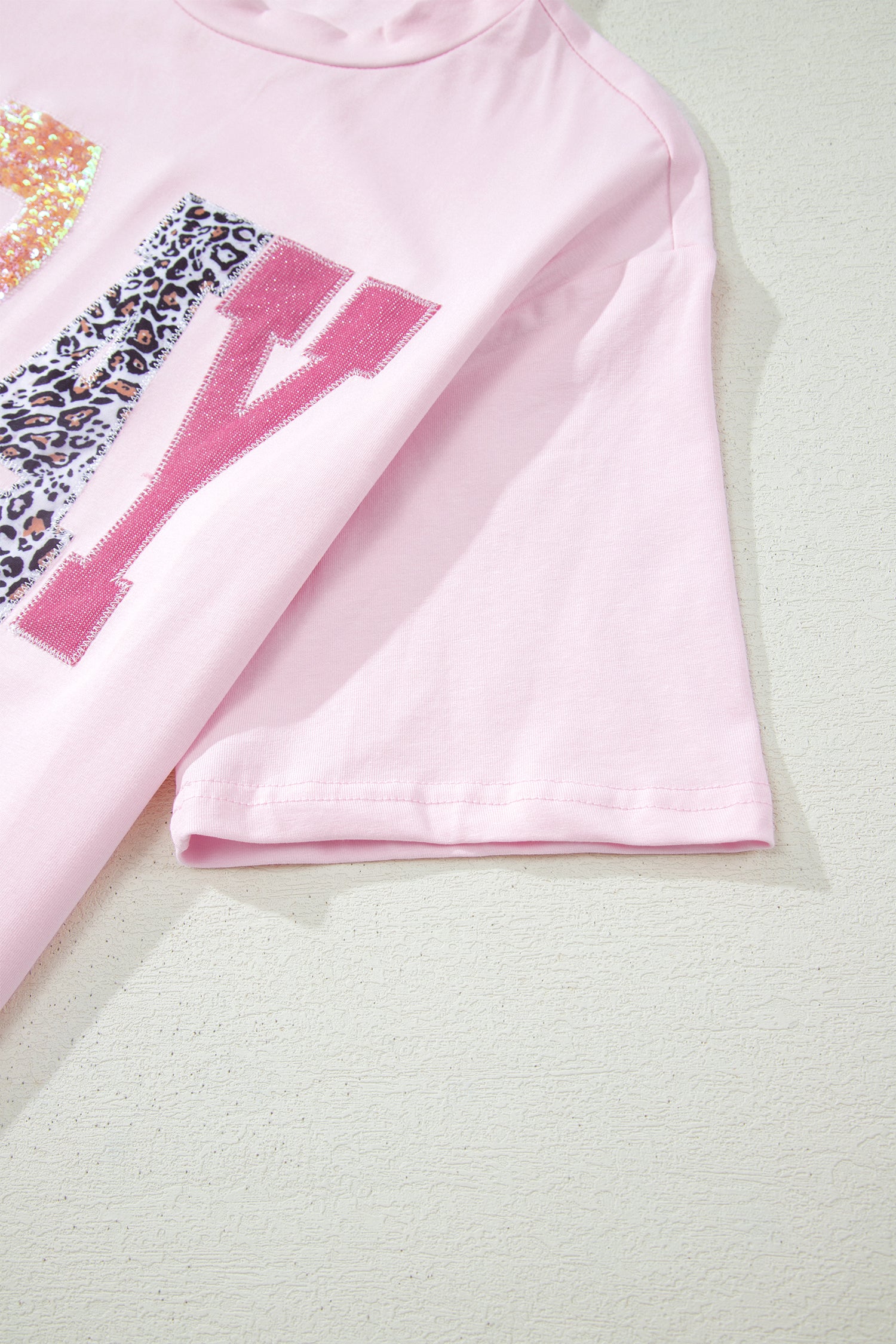 Pink PRAY Sequin Leopard Multiple Patched Graphic Tee