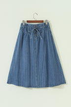Sky Blue Stripe Button Pintuck High Waist Drawstring Denim Midi Skirt