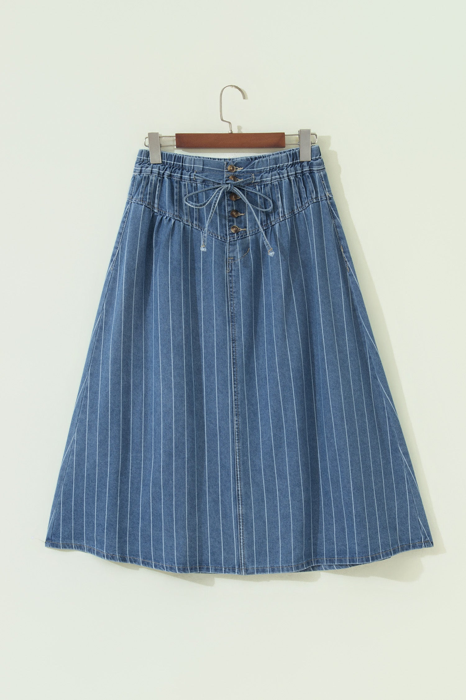 Sky Blue Stripe Button Pintuck High Waist Drawstring Denim Midi Skirt