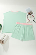 Yellow Cream Plus Size Ribbed Color Block Trim Drawstring Shorts 2pcs Set
