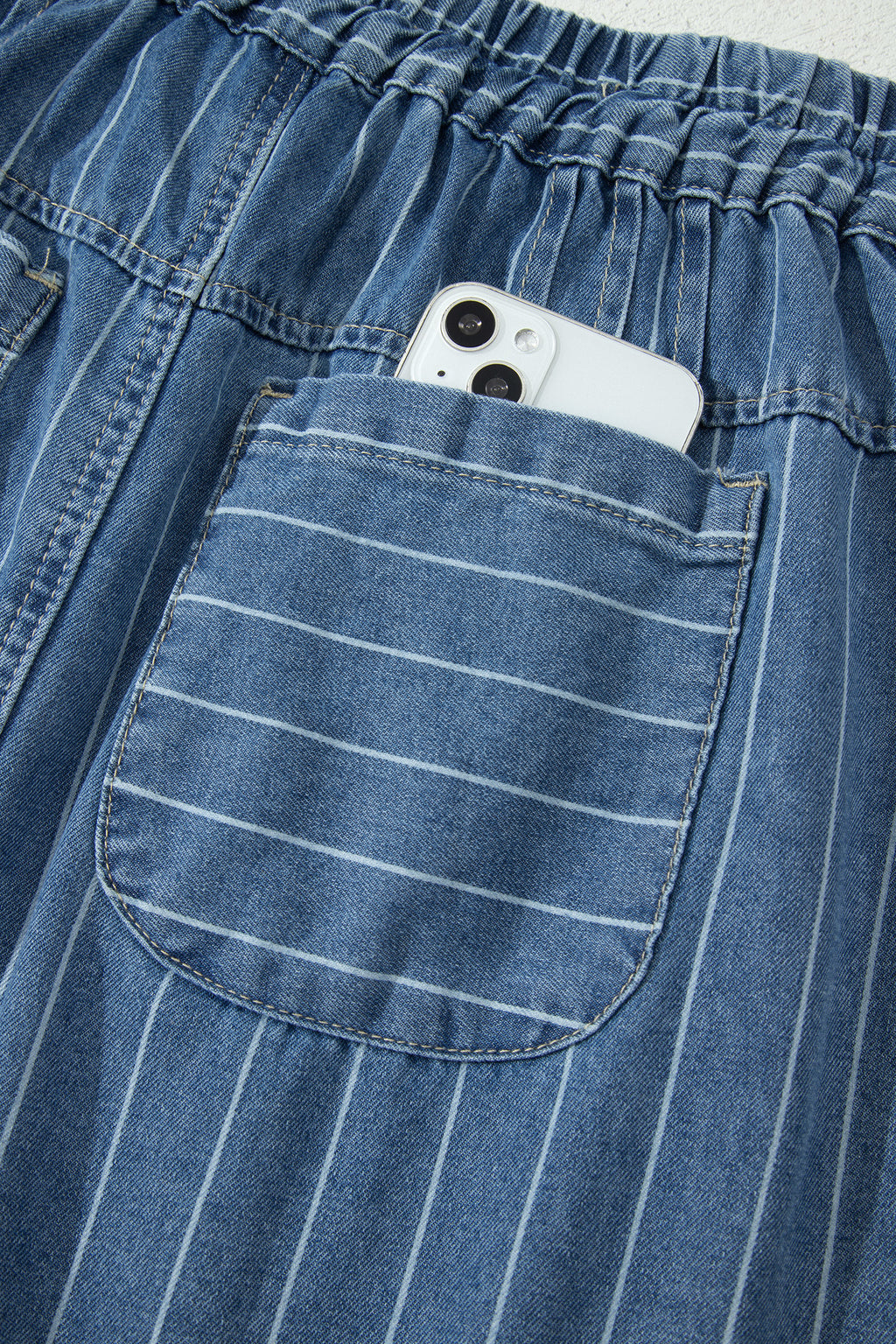 Sky Blue Stripe Button Pintuck High Waist Drawstring Denim Midi Skirt