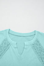 Pink Raw Cut Notched Neck Lace Patchwork Detail Mineral Wash Tee