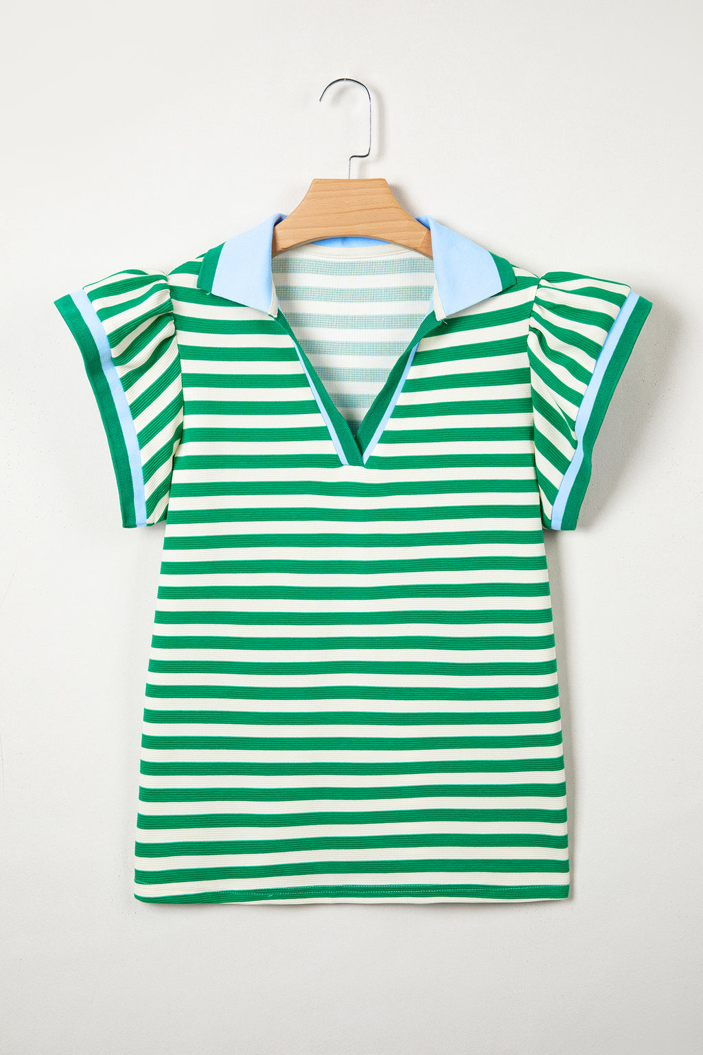 Blue Stripe Contrast Trim Polo Collar Ruffled Short Sleeve Blouse